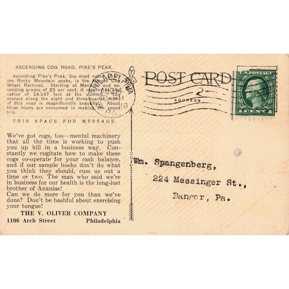Pikes Peak Colorado CO Cog Road Steam Train Railway Postcard 1914 Oliver 5207 - Picture 2 of 2